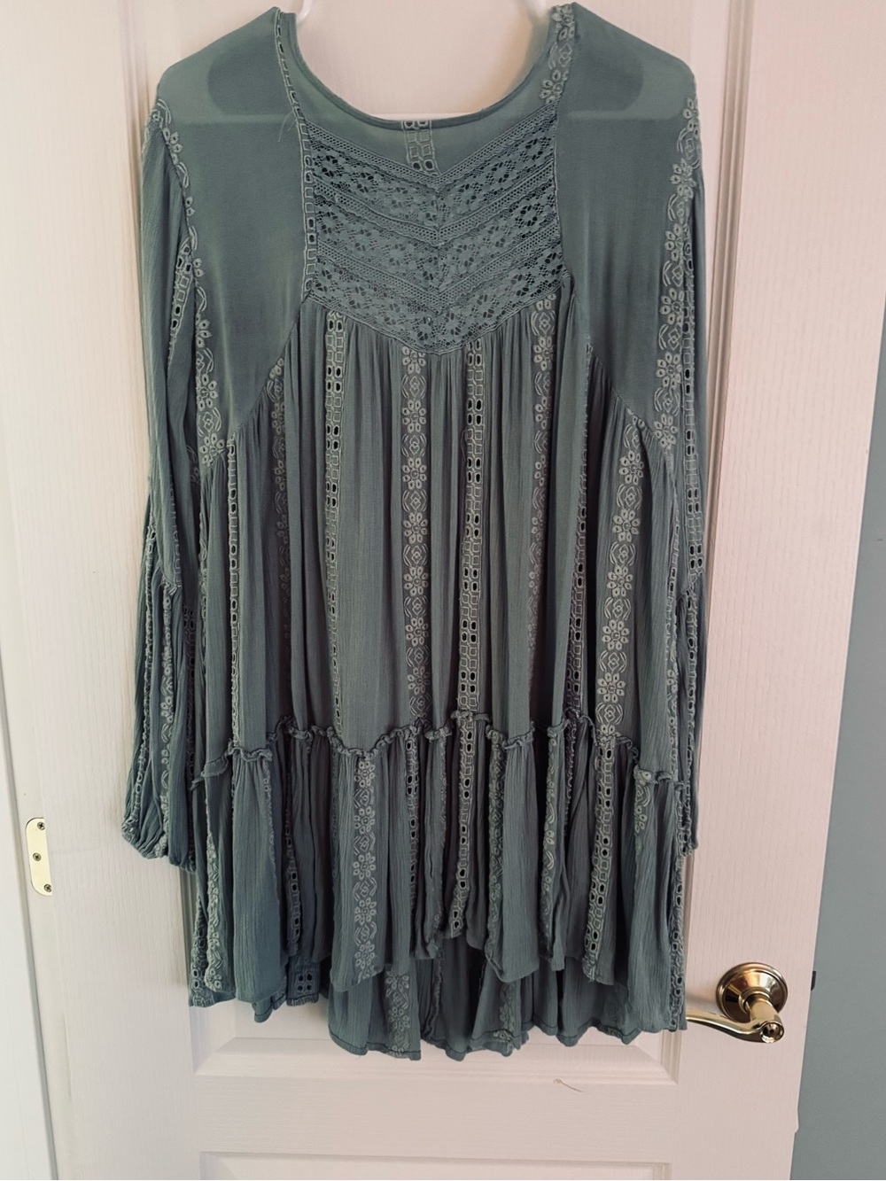 Free People Boho Crochet Panel Tunic in Sage Green Sz Large